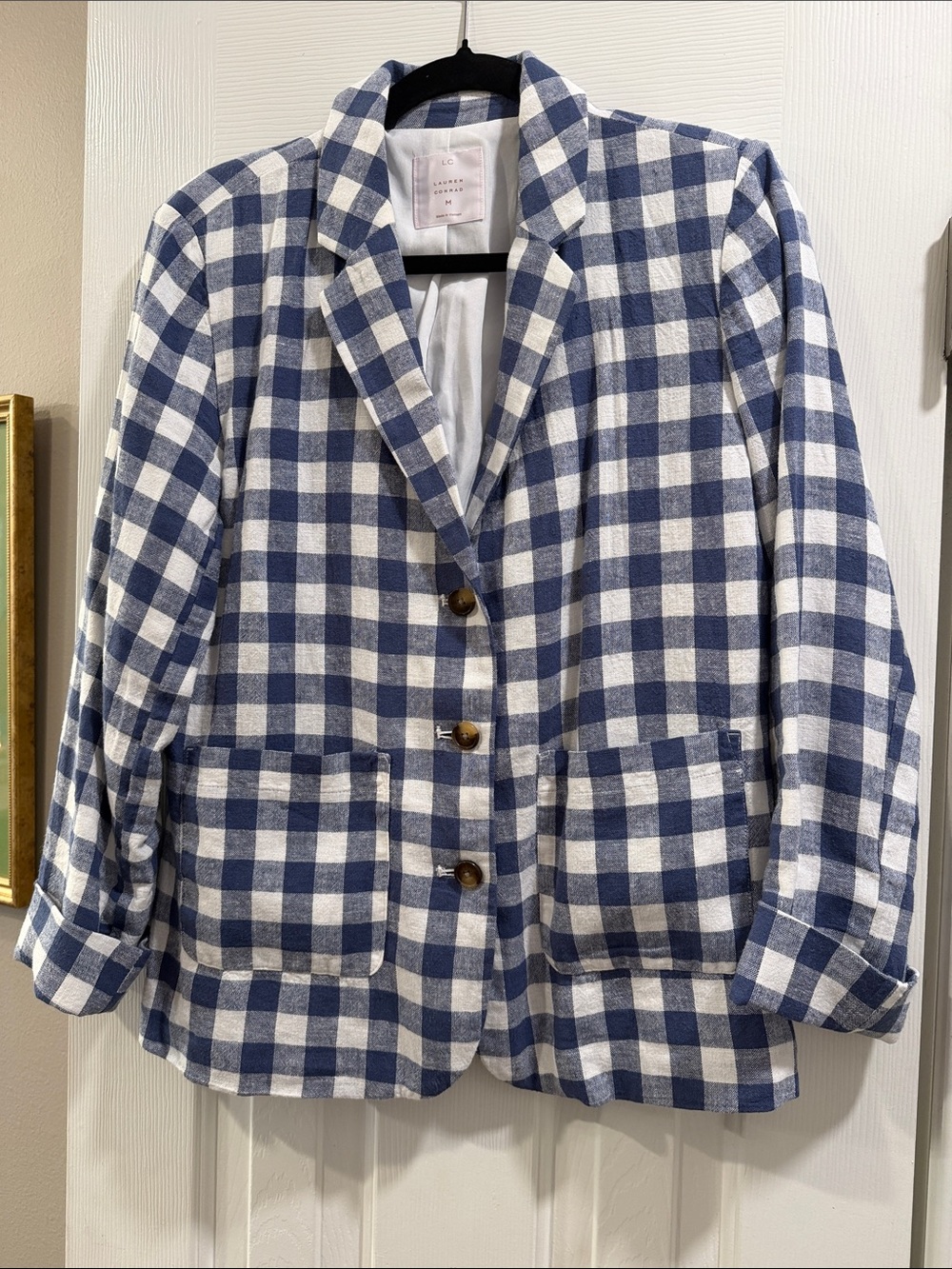 LC Lauren Conrad Blue and White Gingham Women’s Blazer Like New Size M